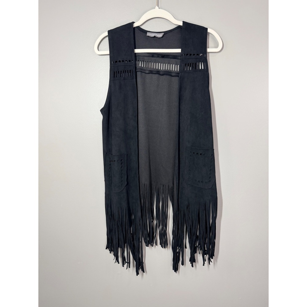 Addie Fringe Vest Women Small Black Great Faux Suede Boho Western Laser Cut